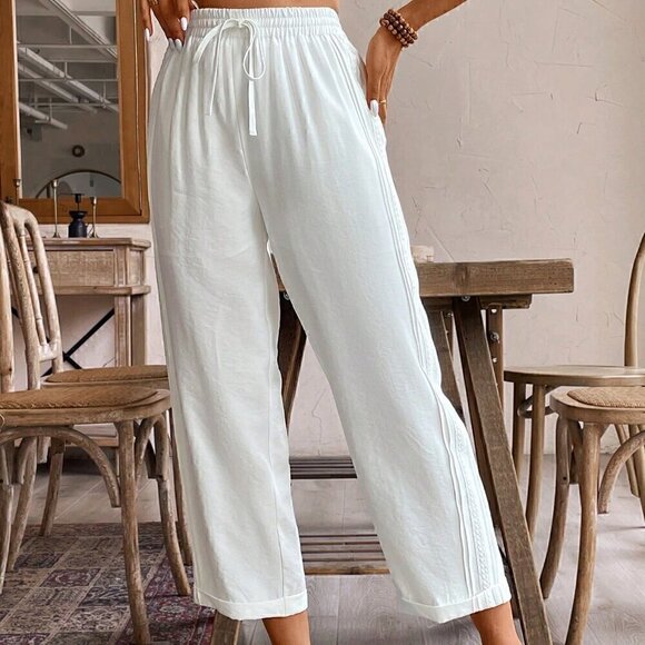 White Casual Women's Solid Color Tapered Pants - Picture 6 of 6